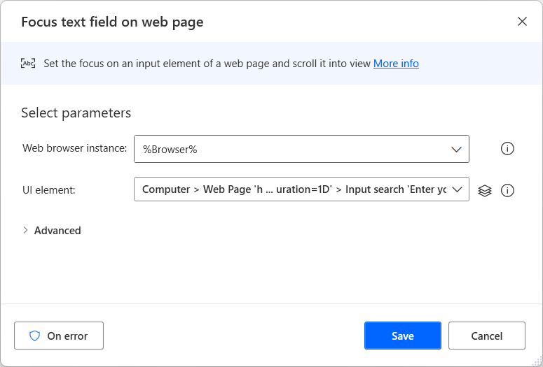 Screenshot of the Focus text field on web page action.