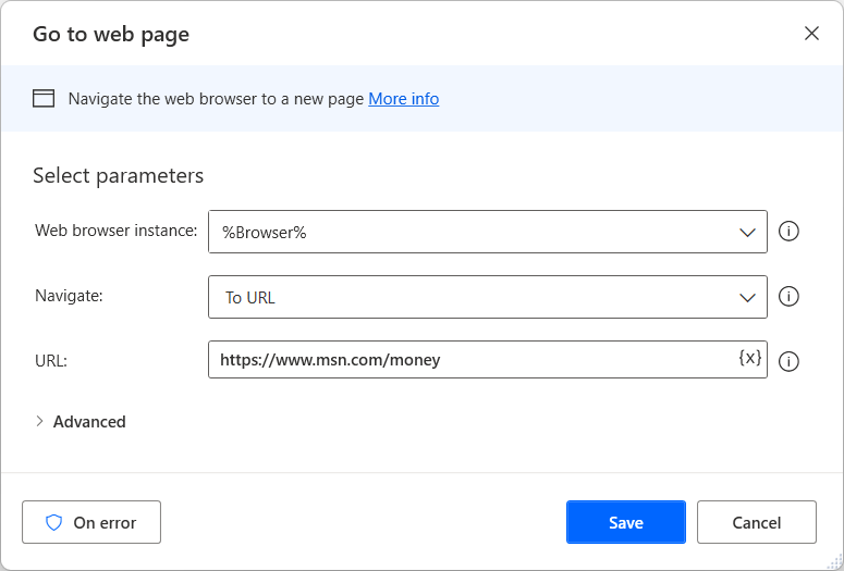 Screenshot of the Go to web page action.