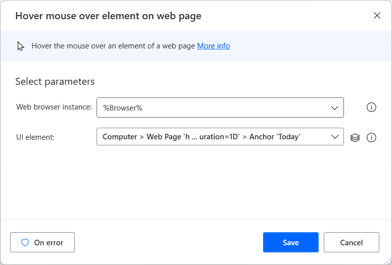 Screenshot of the Hover mouse over element on web pag action.