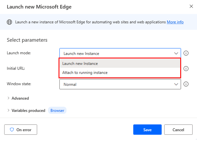 Screenshot of the automation browser option in the Launch new Internet Explorer action.