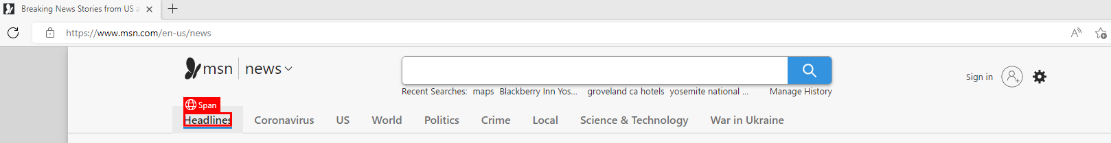 Screenshot of a Live helper highlighting the Headlines tab on M S N news.