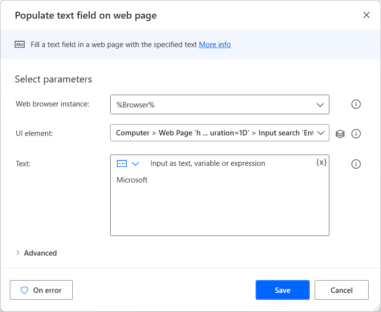 Screenshot of the Populate text field on web page action.