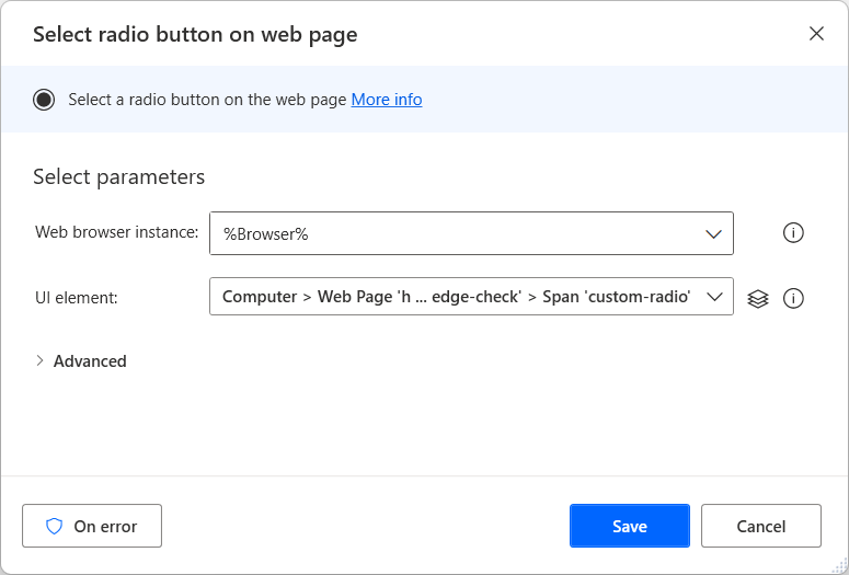 Screenshot of the Select radio button on web page action.