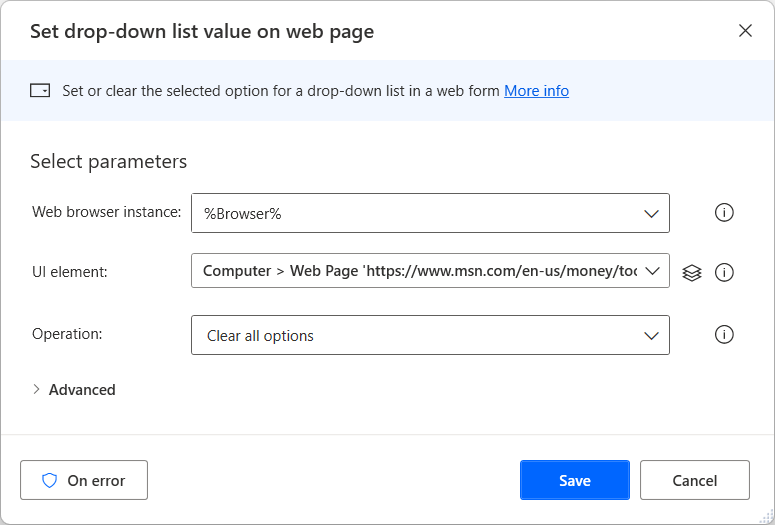 Screenshot of the Set drop-down list value on web page action.
