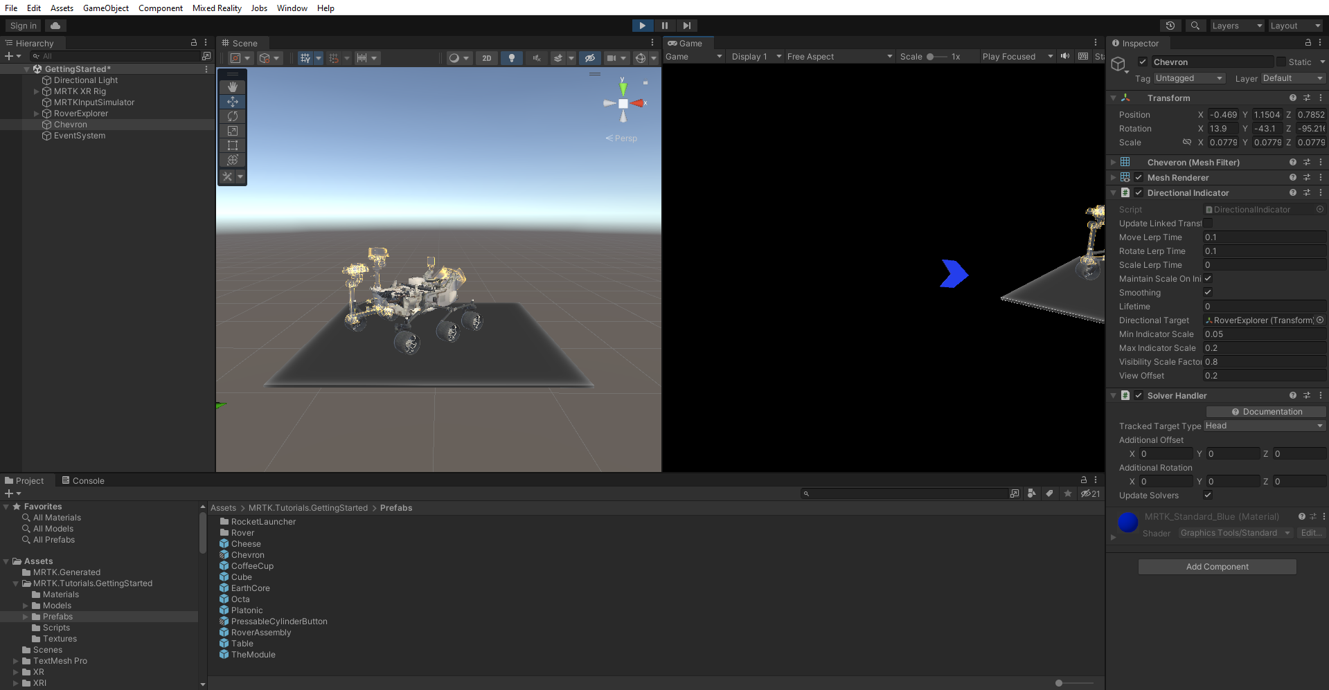 Screenshot that shows the Play mode split view with DirectionalIndicator solver in use.