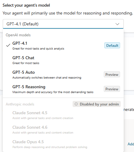 Screenshot of a model selection in Copilot Studio.