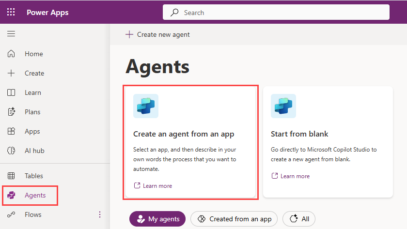 Screenshot of the agents page in the Power Apps Maker portal.