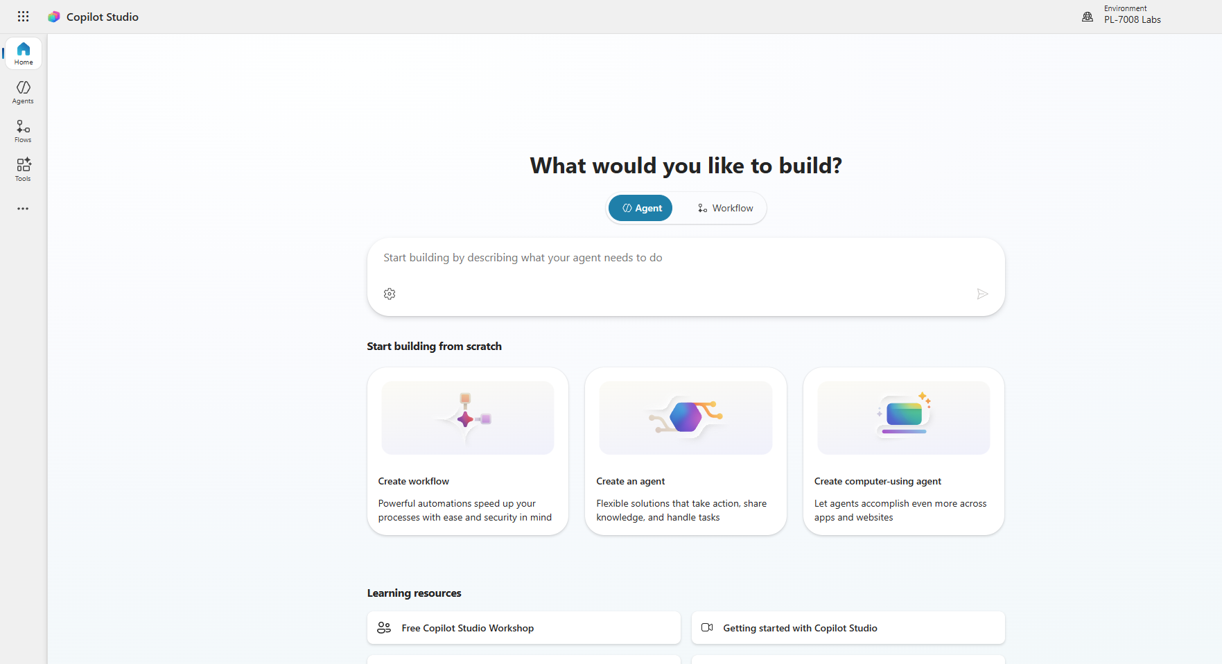 Screenshot of the Copilot Studio home page.