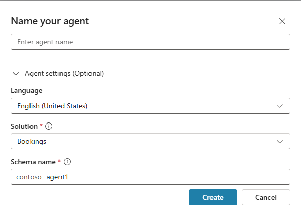 Screenshot of blank agent advanced settings dialog in Copilot Studio.