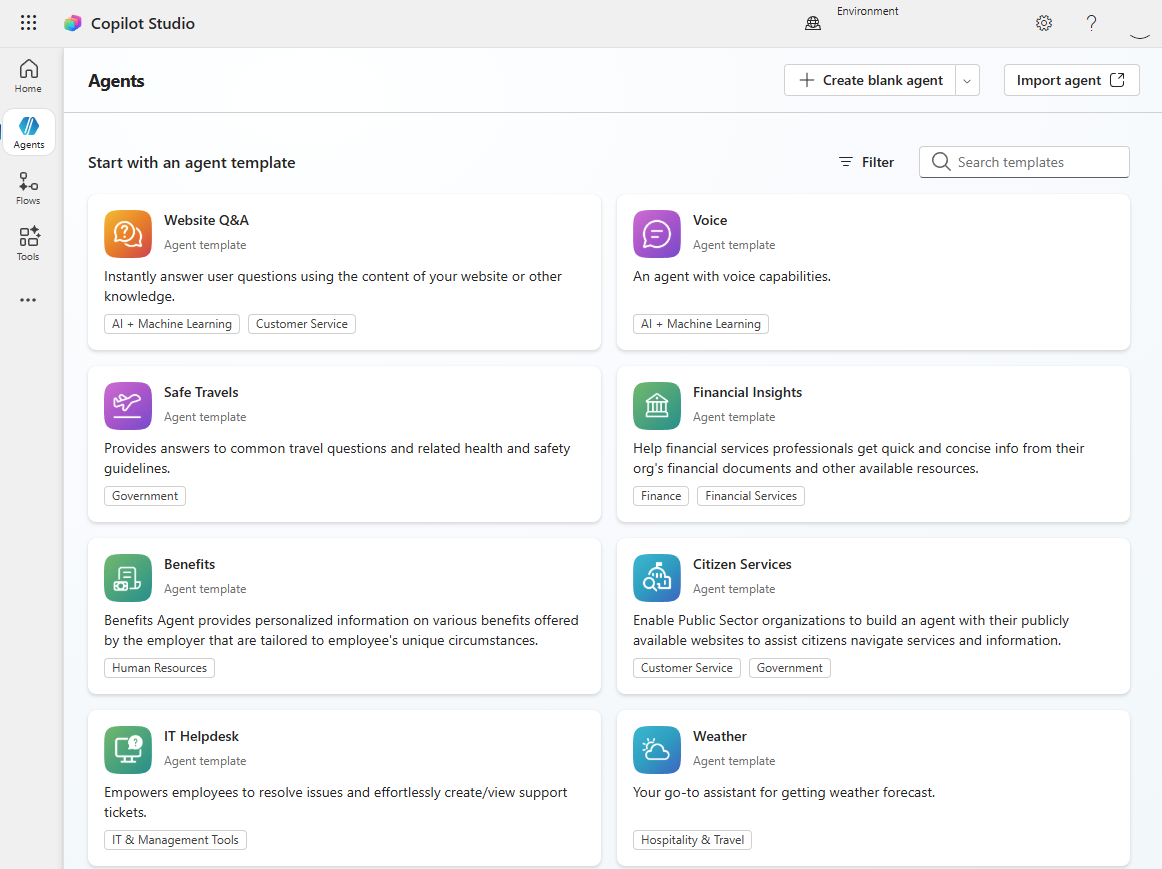 A screenshot of the agents templates in Copilot Studio.