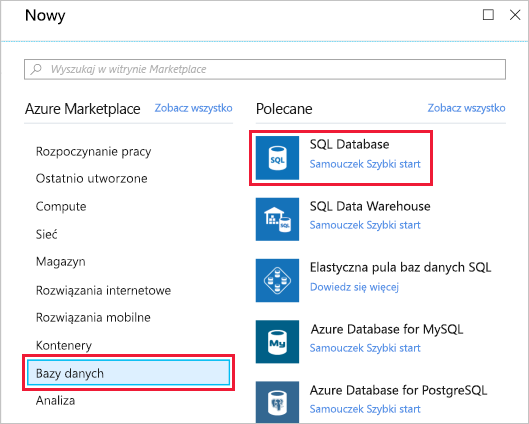 Screenshot showing Create a resource pane with Databases in menu and SQL Database resource service highlighted.