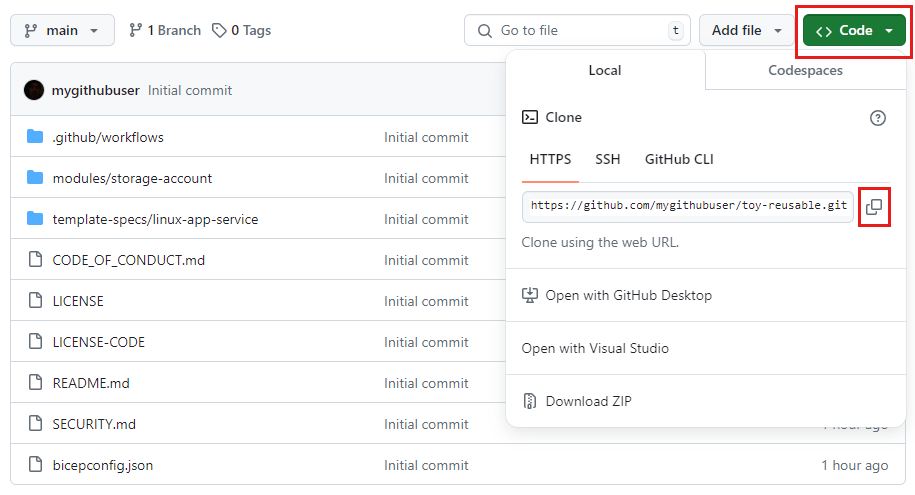 Zrzut ekranu przedstawiający interfejs usługi GitHub przedstawiający nowe repozytorium. Przycisk kopiowania adresu URL repozytorium został wyróżniony.