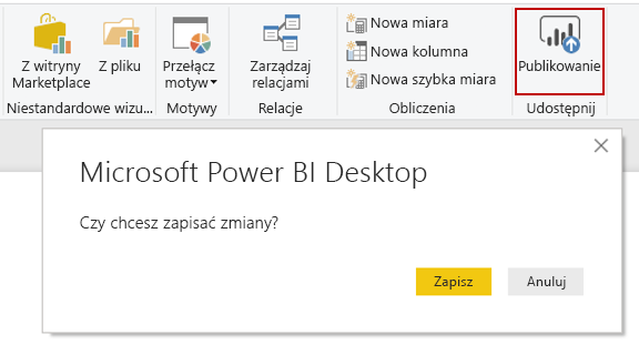 Zrzut ekranu przedstawiający przycisk Publikuj w usłudze Microsoft Power BI Desktop.
