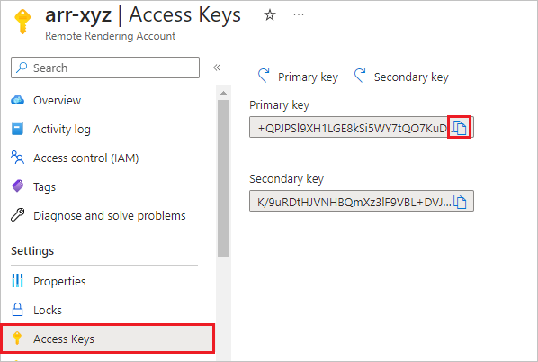 Zrzut ekranu przedstawiający wybór i stronę Klucze dostępu z wyróżnioną ikoną Kopiuj obok klucza podstawowego.