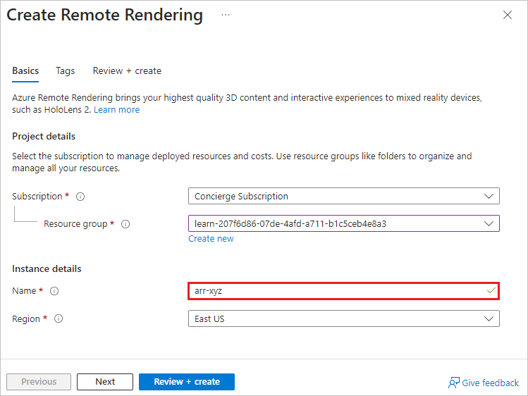Zrzut ekranu kreatora konta usługi Remote Rendering.