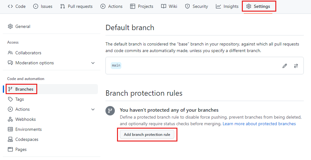 Zrzut ekranu usługi GitHub przedstawiający stronę dodawania reguł ochrony gałęzi z wyróżnionym przyciskiem dodawania reguły.