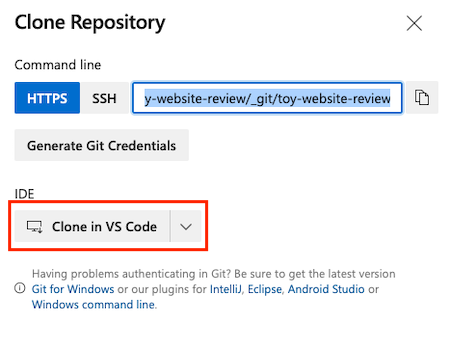 Zrzut ekranu usługi Azure DevOps przedstawiający ustawienia repozytorium z wyróżnionym przyciskiem klonowania w programie Visual Studio Code.