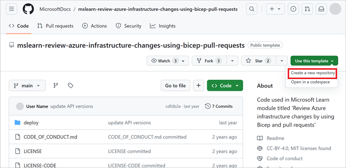 Zrzut ekranu przedstawiający interfejs usługi GitHub przedstawiający repozytorium szablonu z przyciskiem umożliwiającym użycie bieżącego szablonu.