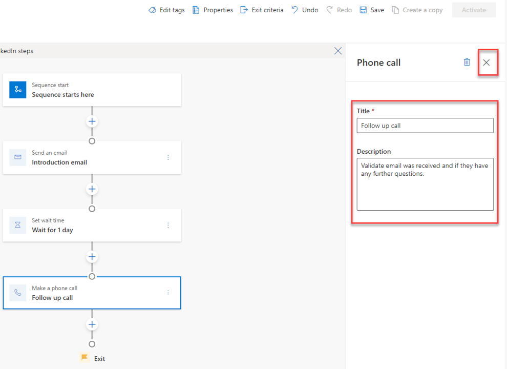 Screenshot of the make a phone call details.