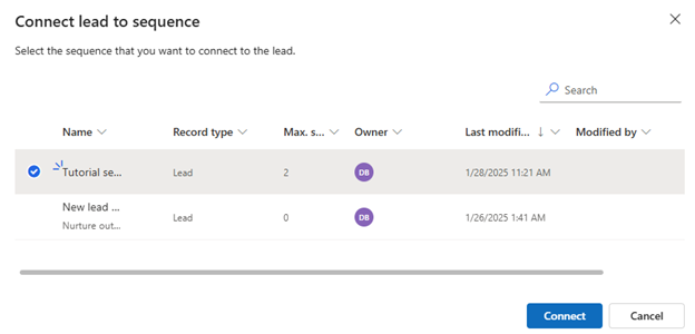 Screenshot of the connect lead process with tutorial sequence selected.