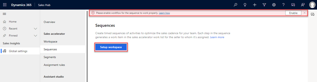 Screenshot of the set up workflow message.