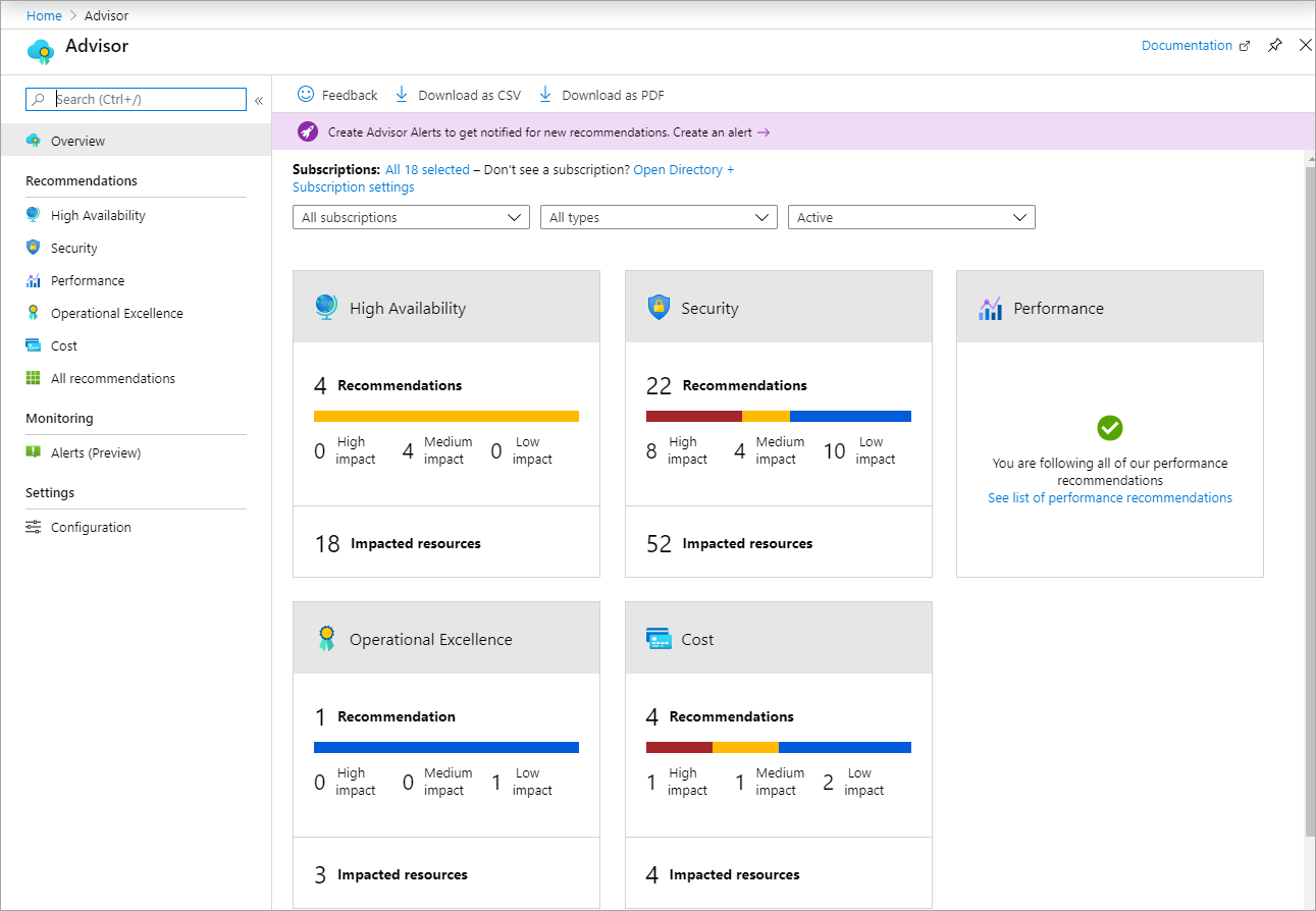 Zrzut ekranu przedstawiający stronę Przegląd usługi Azure Advisor w witrynie Azure Portal.