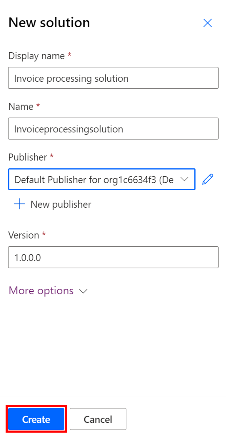 Screenshot of the new solution with create button.