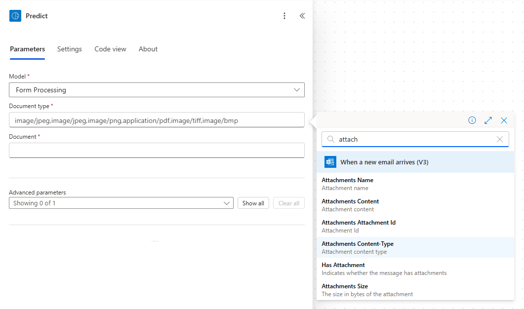 Screenshot of the Predict action with dynamic content for Attachments Content-Type selected.