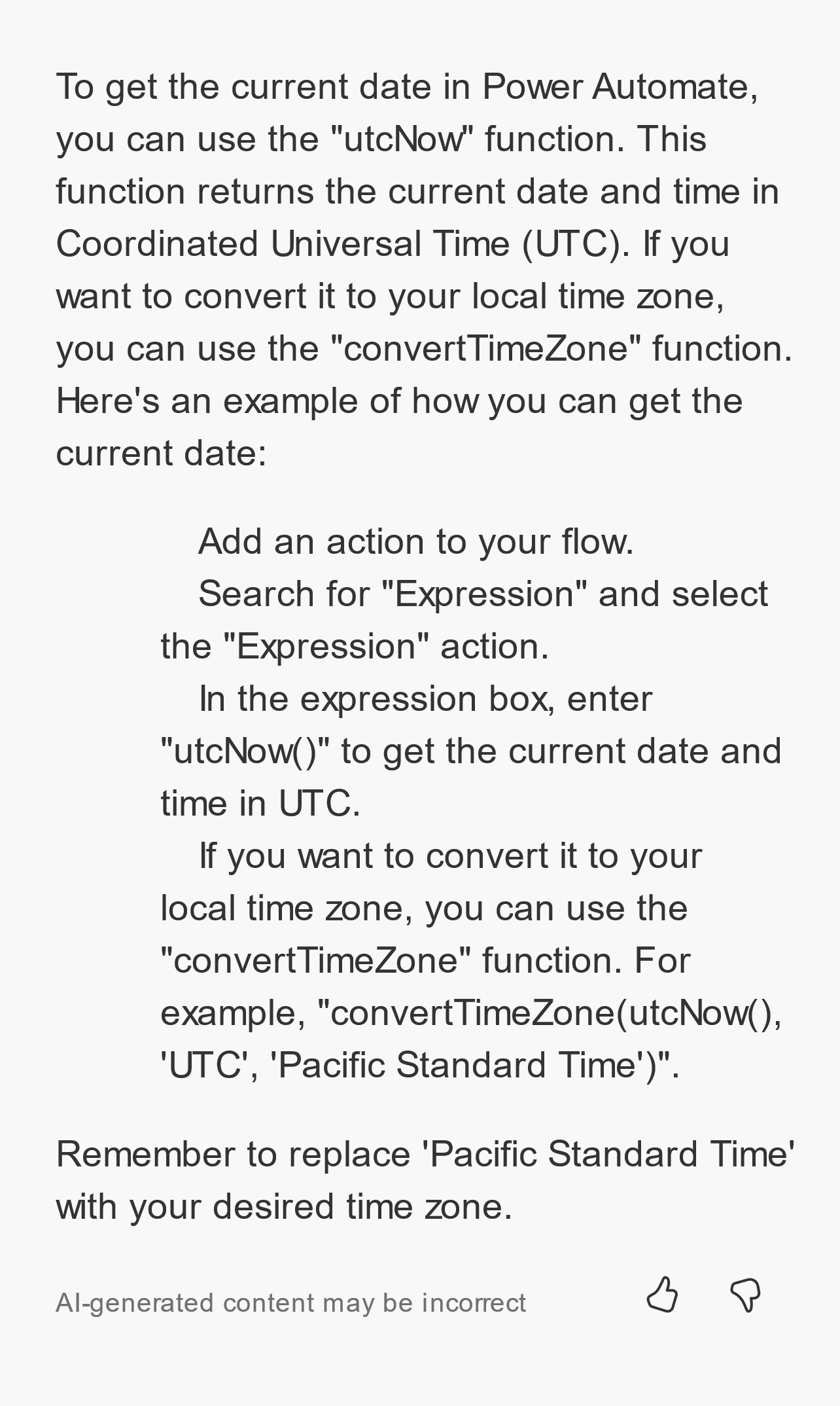 Screenshot showing a Copilot response that's related to getting the current time.