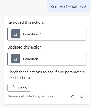 Screenshot showing the Copilot prompt showing the result of removing a condition step.