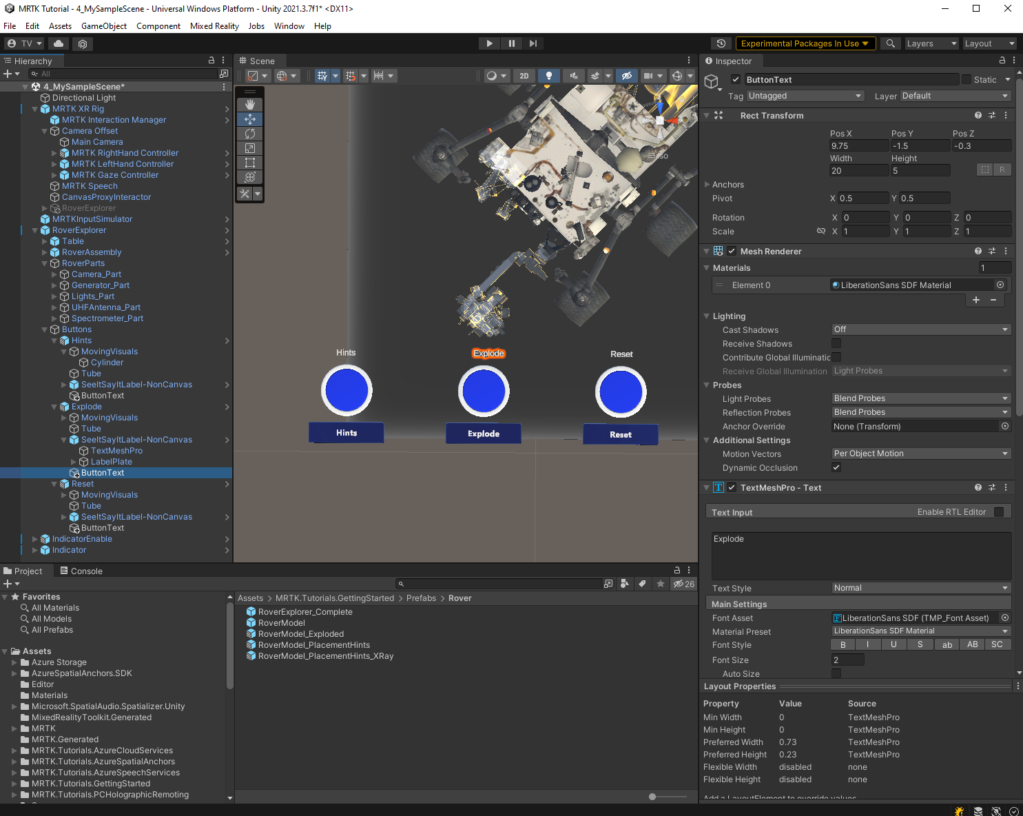 Screenshot of Unity with all button text and EyeTrackingTarget component configured.