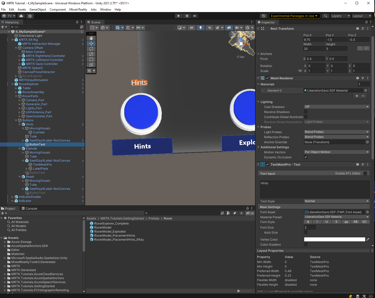 Screenshot of Unity with Hints Button text object configuration and EyeTrackingTarget component configured.