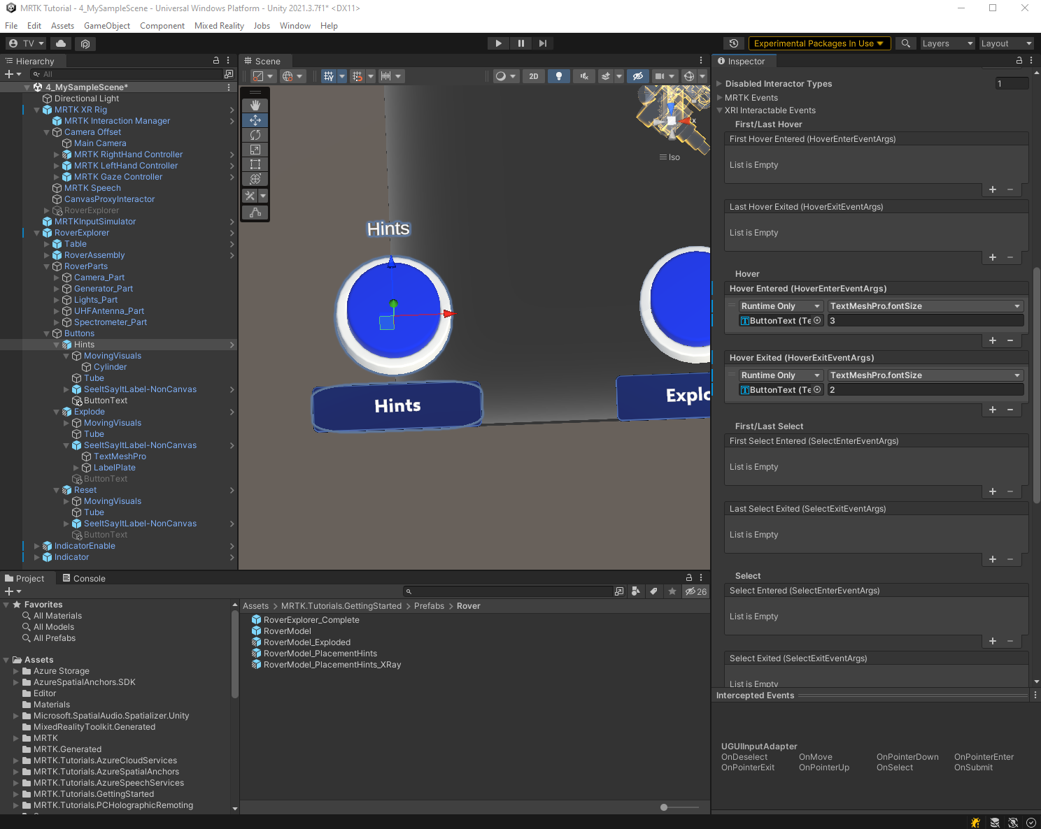 Screenshot of Unity with Hints TextMeshPro object selected and EyeTrackingTarget component configured.