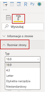 Obraz przedstawiający opcje „Rozmiar strony” pod okienkiem Wizualizacje.