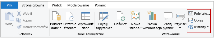 Zrzut ekranu przedstawiający przyciski „Pole tekstowe”, „Obraz” i „Kształty” na karcie Narzędzia główne.