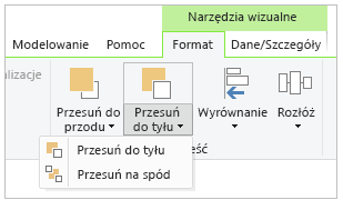 Obraz przedstawiający przycisk „Przesuń do tyłu” i opcje menu rozwijanego na karcie Format.