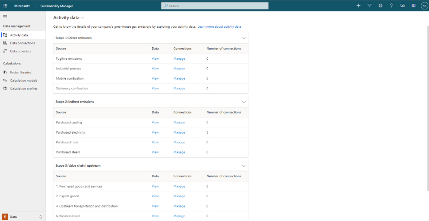 Screenshot showing data section of the application that includes activity data and reference data, and you can create a connection for both.