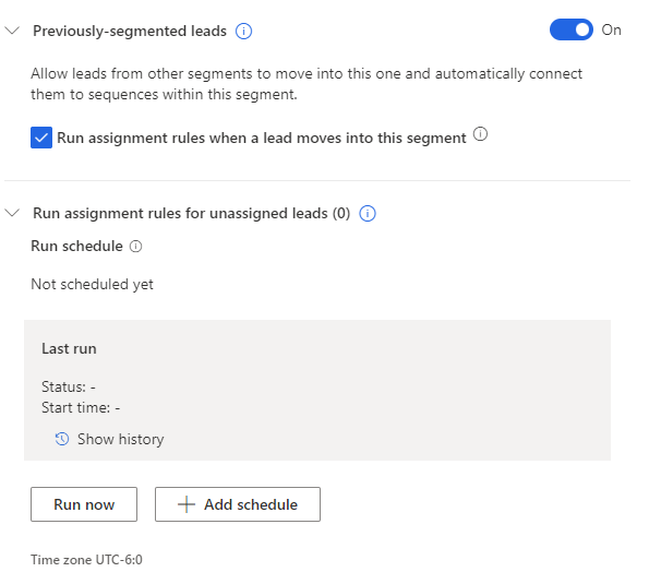 Screenshot showing Previously-segmented leads options.