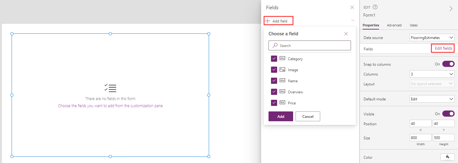 Screenshot of the Power Apps Studio with the Edit Fields button outlined.