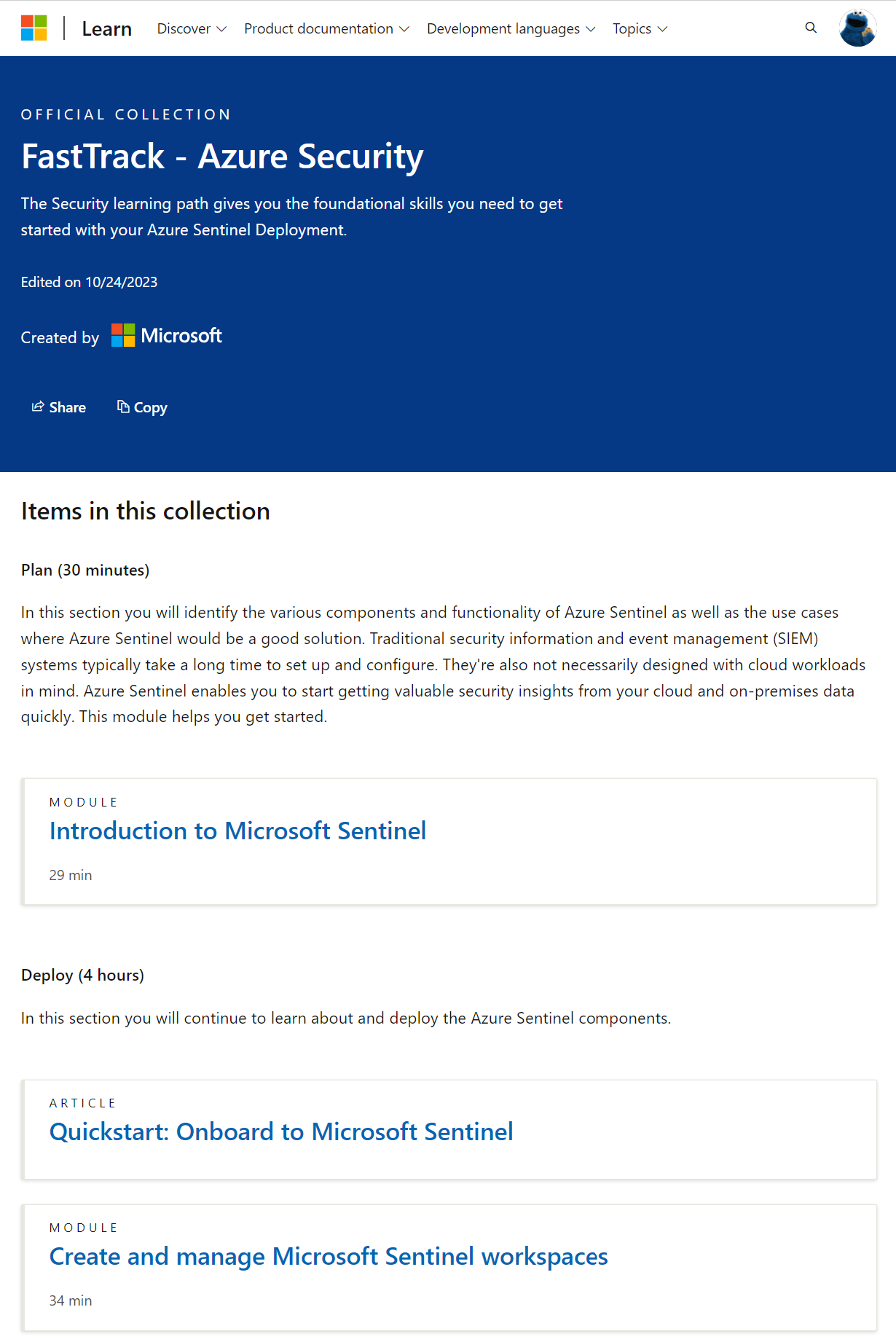 Zrzut ekranu przedstawiający oficjalną kolekcję rozwiązania FastTrack — Azure Security Official Collection by Microsoft