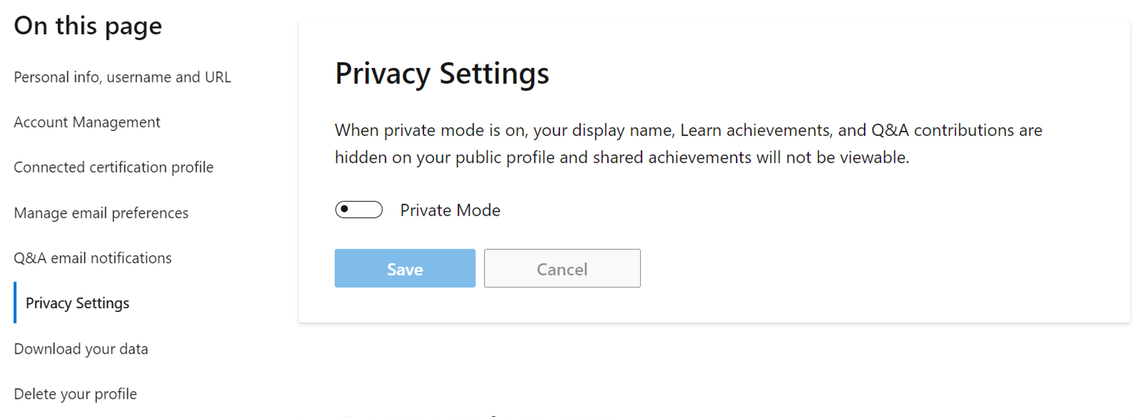 Zrzut ekranu przedstawiający sekcję Ustawienia prywatności w ustawieniach profilu usługi Microsoft Learn.