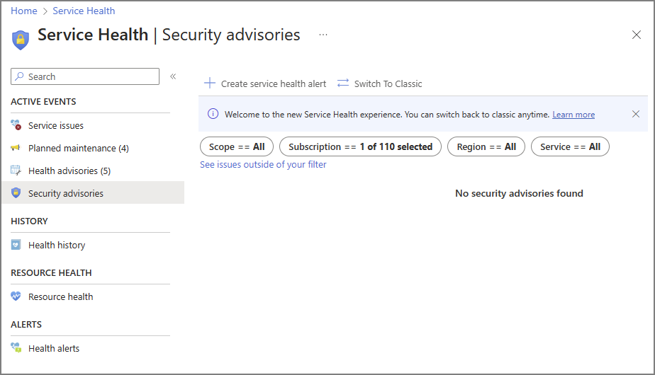 Screenshot of Azure Service Health security advisories.