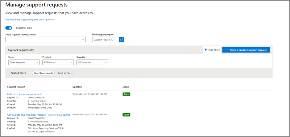 Screenshot of Manage Support Requests via Services Hub.