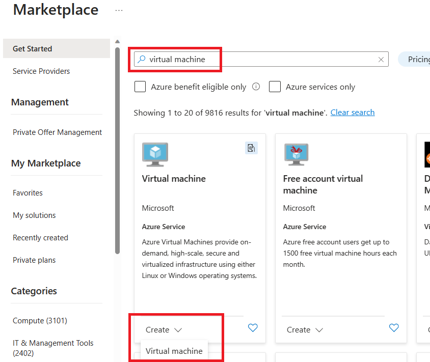 Zrzut ekranu przedstawiający sposób wyszukiwania i tworzenia zasobu maszyny wirtualnej w witrynie Azure Portal.