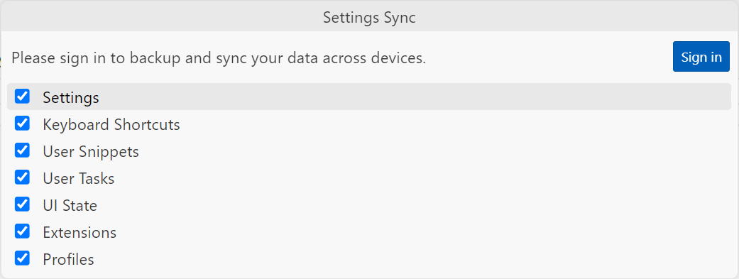 Zrzut ekranu przedstawiający interfejs logowania synchronizacji ustawień w programie Visual Studio Code.