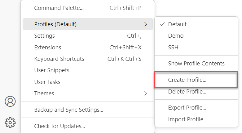 Zrzut ekranu przedstawiający polecenie menu umożliwiające utworzenie profilu w programie Visual Studio Code.