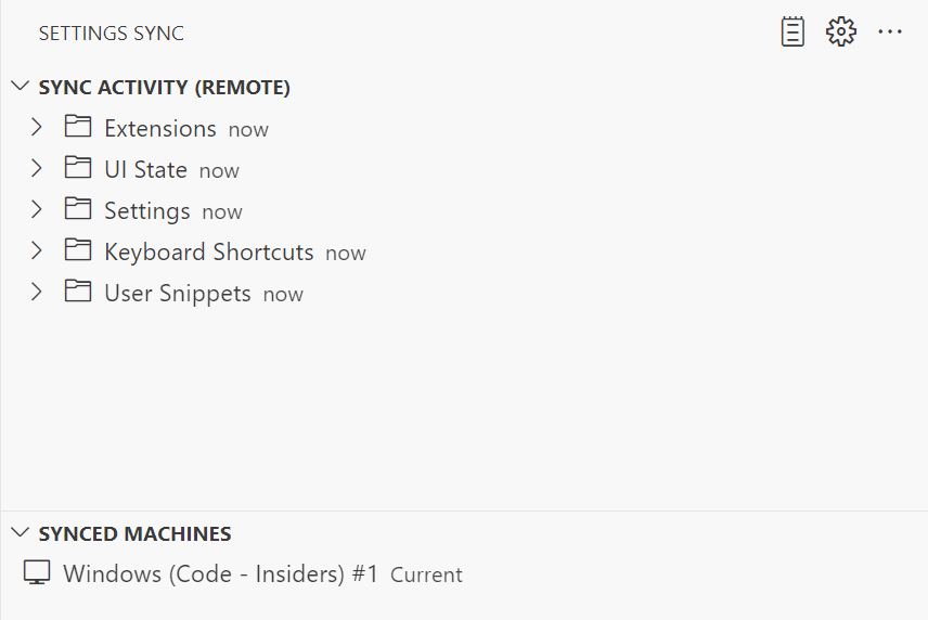 Zrzut ekranu przedstawiający widok Eksploratora synchronizacji ustawień w programie Visual Studio Code.