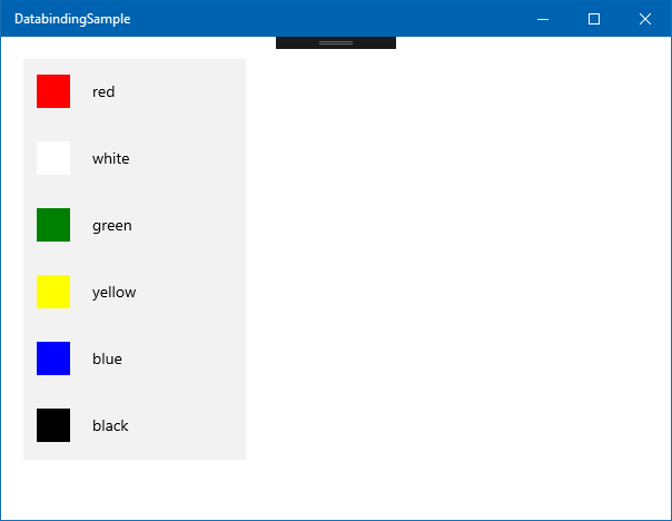 Screenshot that shows the Data binding Sample window, with a list of six colors next to squares representing the color.