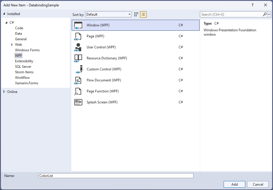 Screenshot of Add New Item dialog box.