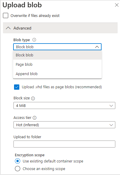 Zrzut ekranu przedstawiający stronę Przekazywanie obiektu Blob, która pokazuje typ uwierzytelniania, typy obiektów Blob i rozmiar bloku.
